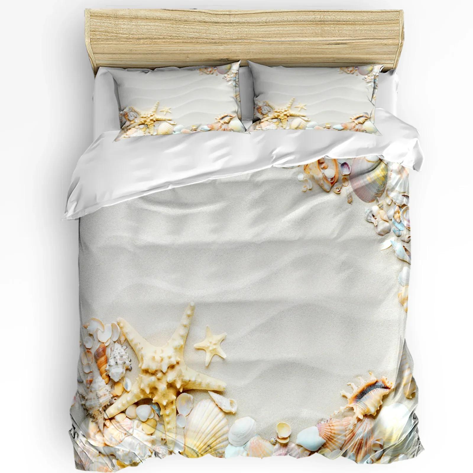 Beach Sand Waves Starfish Shell Conch Bedding Set 3pcs Duvet Cover Pillowcase Kids Adult Quilt Cover Double Bed Set